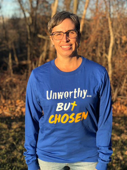 Wrighteous Wear Long-sleeve Blue / M Unworthy But Chosen Unisex Christian Long Sleeve T-Shirt